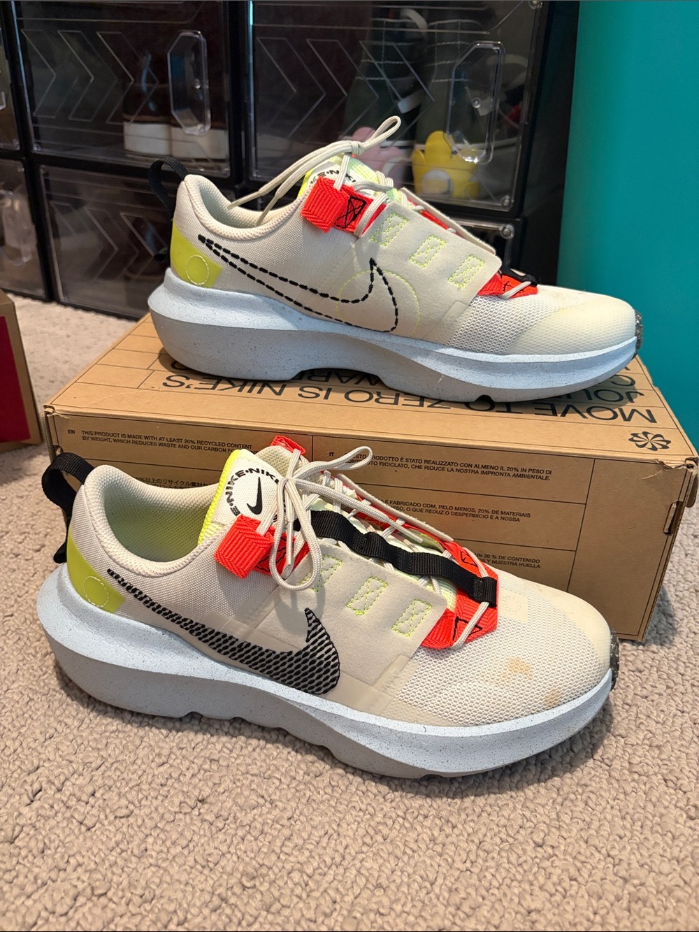 Nike White Sneakers with Neon Yellow and Bright Orange Accents